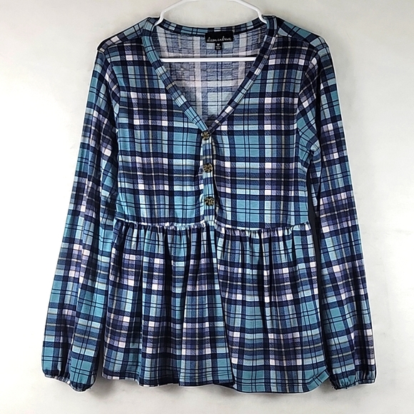 Allison Andrews Boho Winter Plaid Flannel Tiered Ruffle Hemline Blouse Size M - Picture 1 of 9